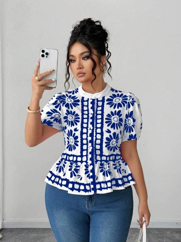 Elenzga Blusa de manga abultada con estampado floral por toda la prenda, elegante, para mujer de talla grande, de verano