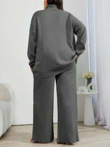 EURMUSE 2pcs High Neck Drop Shoulder Sweater And Ribbed Solid Color Sweater Pants - Dark Grey - View 2