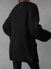 EURMUSE Women's Minimalist Solid Color Loose Cardigan With Dual Pockets - Black - View 2