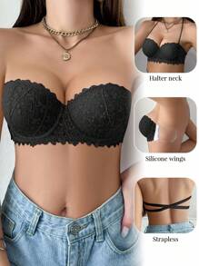 1 件装蕾丝露背钢圈文胸，适合小胸围，支撑提升，防滑，无肩带胸罩内衣