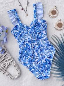 SHEIN 少女蓝白瓷花卉印花扭纹前 V 领无袖连体泳衣，适合海滩度假，优雅，波西米亚风/复古风 - 淺藍色 - 查看 2