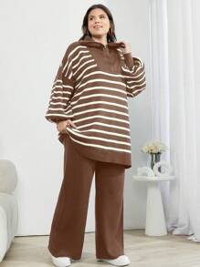 SHEIN Cottnline Women's Houndstooth Drop Shoulder Button Down Cardigan Sweater And Pants 3-Piece Set - Camel - View 3