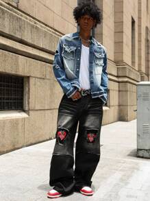 PAVTROS Áo khoác denim rách màu xanh nhạt rách rưới dáng ôm vừa vặn dành cho nam, phong cách đường phố thường ngày, áo khoác grunge, áo khoác denim rách dành cho nam, phong cách Emo - Rửa trung bình - Xem 4