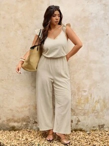 Elaquor Plus Size Solid Color Backless Jumpsuit, Casual Holiday Style - Apricot - View 6