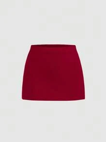 SHEIN PETITE 春夏休闲商务装方领高腰金扣短裙套装酒红色小码 - 酒紅色 - 查看 4