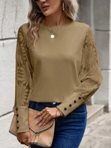 SHEIN PETITE CURVE Plus Size Casual Solid Color Jacquard Patchwork Long Sleeve Top, Autumn - Khaki - View 4