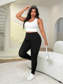 Solflare Quần legging cạp cao màu trơn cỡ lớn thường ngày - màu đen - Xem 5