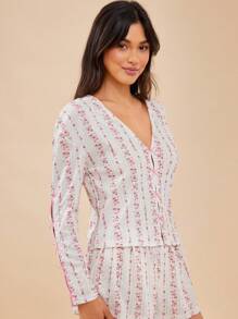 WESTFADE Striped Floral Print Pointelle V Neck Bow Front Long Sleeve Lounge Top Summer Boho Cowgirl Beach Vacation - Multicolor - View 6