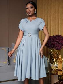 Lunelith SHEIN Lunessa Round Neck Pleated Petal Sleeve Belt Decor A-Line Commute Elegant Ladies Dress