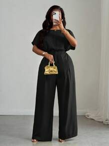 Slaydiva 2pcs Plus Size Women Set,Black,Autumn,Smart Casual,Everyday Loose Drop Shoulder Crop Top,Drawstring Hem,Wide Leg Pants With Pockets,Business Casual - Black - View 5