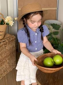 DAZY 2 件套婴儿/幼儿女孩格子印花休闲短袖衬衫 + 裙子套装，夏季 - 藍色 - 查看 5