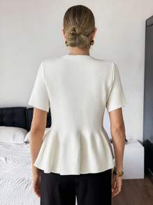 SHEIN Frenchy Women White Elegant Summer Brunch Short Sleeve Ribbed Knit Cardigan,Heart Metallic Button Closure,Round Neck Solid A-Line Hem Minimalist Office Top - Apricot - View 2