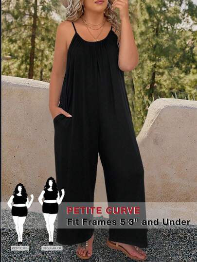 SHEIN PETITE Plus Size Women's Summer Casual Sleeveless Adjustable Spaghetti Strap Wide Leg Bohemian Jumpsuit