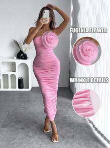 Rafferiza 夏季优雅纯色 3D 花朵褶皱紧身抹胸连衣裙长款女装 - 粉色 - 查看 6