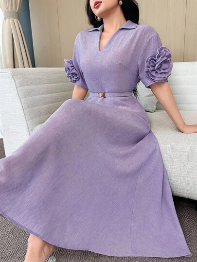 Feyla V领收腰手工3D花朵收腰优雅舒适夏季连衣裙，适合工作和日常穿着