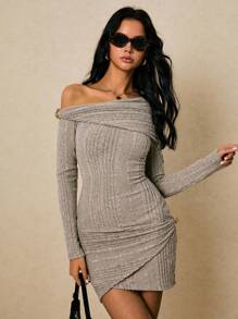 Poéselle Women's Chic Grey Knitted Off The Shoulder Mini Dress,Elegant Autumn Solid Asymmetrical Metal Buttoned Slim Fit Long-Sleeved Dress,Night Out Outfit - Khaki - View 3