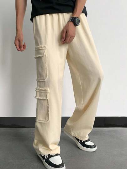 SHEIN 青少年男孩休闲街头宽松青少年男孩纯色原始下摆侧袋直腿编织白色裤子，适合通勤、上学、日常、度假、运动、春夏季