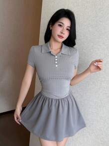 SHEIN LUNE Robe d'été ample à manches courtes et imprimé rayé pour femmes - Gris - Voir 5