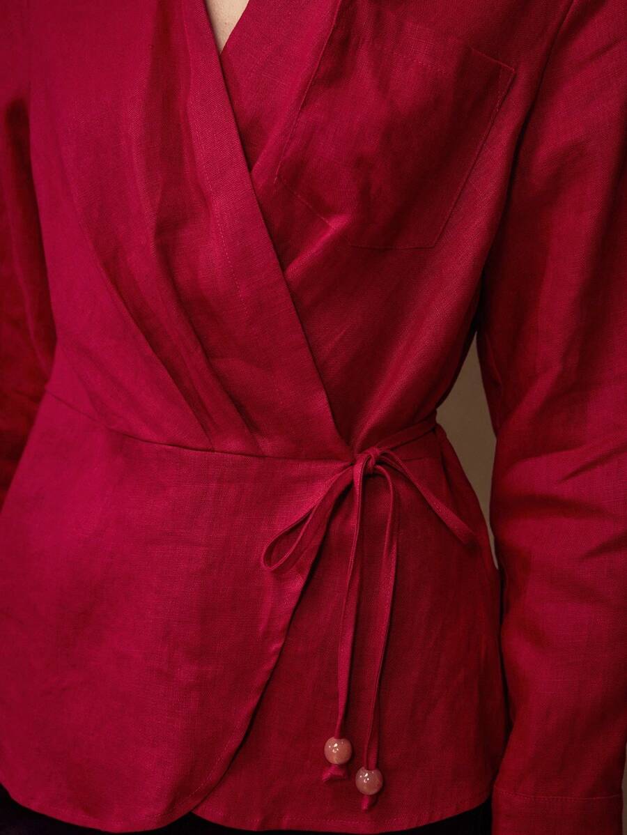 MOTF PREMIUM WRAP KNOT SHIRT - Red - View 2