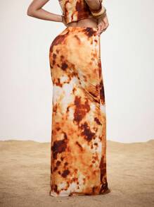 Shutterstock 女士火焰图案印花半身裙，适合夏季穿着，扎染大地色系，抽象印花，Y2K 2000年代风格，返校季、夜店、性感约会之夜皆宜。 - 黃色 - 查看 3