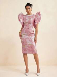 TIYA Elegant Jacquard Faux Pearl Neck Big Flared Sleeve Short Dress With Waist Belt Women Summer Party - Pink - View 6