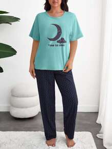 SHEIN Set pijamale Cottonline 2 piese mărime mare, cămașă cu mânecă scurtă și imprimeu cu lună în culori contrastante, model stele