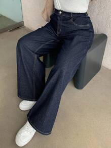 Dazy Plus Plus Size Women's Dark Wash Loose Straight Leg Long Jeans, All-Season