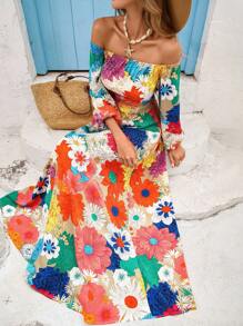 Vivid Eden Women's Resort Style Floral Print Off-Shoulder Long Sleeve Maxi Dress,Vacation Outfits,Rave Outfit,Brunch Outfits For Women,Fall Women Clothes , Airport Outfit Women,Boho Women Clothing