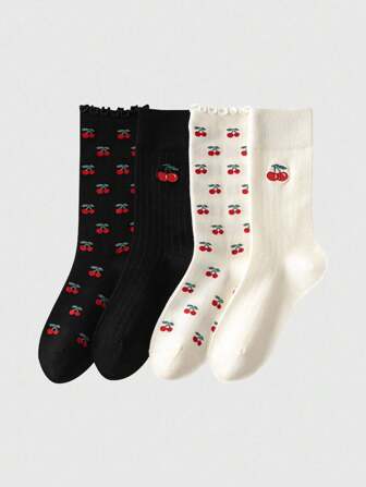 Kawaii 4 Pairs Random Color Cherry Pattern Mid-Calf Socks, Sweet Daily Style Fruit Printed Solid Mid-Calf Socks, Fashion Women Socks For Daily Outfit