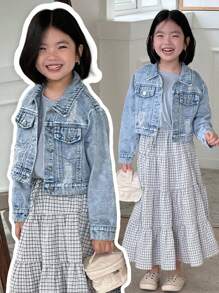 Girls Casual Distressed Denim Bomber Jacket, Soft Washed Lightweight Chic Streetwear For Summer - Medium Wash - View 4