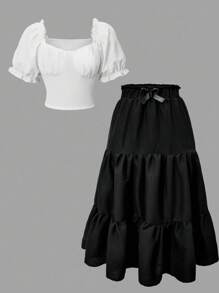 2 件套青少年女孩可变式露肩泡泡袖上衣和蝴蝶纹理长裙套装，适合外出和度假 - 白色 - 查看 4