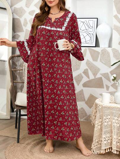 SHEIN Plus Size Women Casual Floral Embroidered Decor Round Neck Plus Size Nightgown, Moo Moo, For Fall & Winter, Cozy Outfits