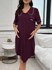 Moonlight&Mama Maternity Dress With Embroidered Letter Pocket And Contrast Trim Peter Pan Collar