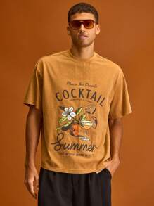 Musero Men Oversized Large Graphic Tee Short Sleeve Drop Shoulder Summer Holiday Vacation - Khaki - View 1