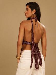 Denimoi Sheer Mesh Polka Dot Backless Halter Top With Scarf, Going Out - Brown - View 2