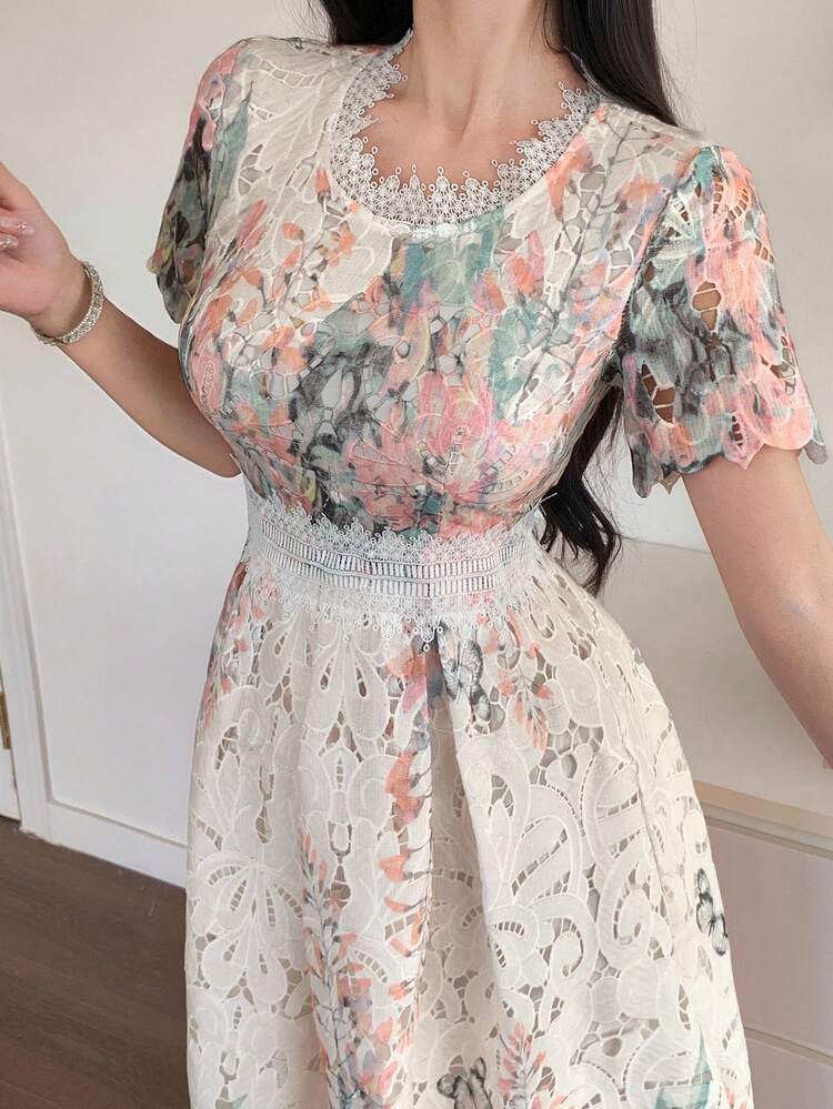 Women Floral Lace Round Neck Short Sleeve Elegant Mid-Length Dress Summer Women Dresses Sundress