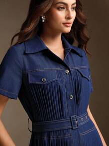 Anewsta 女士时尚休闲百搭收腰褶皱复古牛仔连衣裙