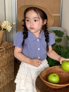 DAZY 2 件套婴儿/幼儿女孩格子印花休闲短袖衬衫 + 裙子套装，夏季 - 藍色 - 查看 6