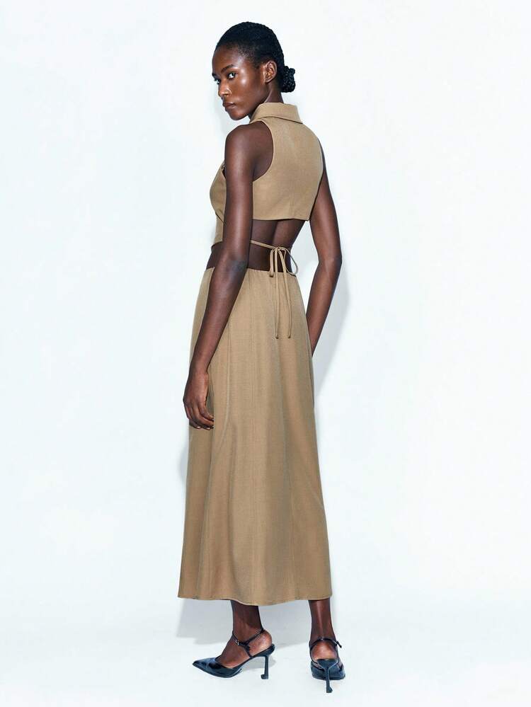 SHEIN Maija 女性用無地襟付き単列ベスト&スカートカジュアル2点セット カーキ 教師の服装 秋服