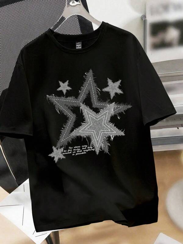 Manfinity Hypemode Camiseta estampada con estrella retro para hombres, camiseta gráfica para hombres