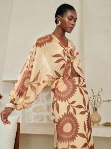 Aveloria Women Floral Print Chiffon Loose Two Pieces Set, Bat Wing Sleeves, Casual & Suitable For Holiday, 2pcs Women Chiffon Top & Vintage Floral Print Skirt Set, Bohemian Holiday Outfit Fall Women Clothes Fall Outfits Women Fall Autumn Clothes - Apricot - View 4