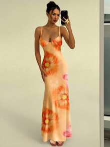 Aloruh 橙色热带花卉优雅迷人风格春夏假期细肩带紧身性感印花女式连衣裙，适合暑假、海滩、派对