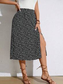 SHEIN PETITE Plus Size Ditsy Floral Slit Hem Elegant Skirt - Multicolor - View 4