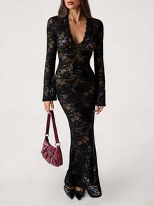 SHEIN Tall Spring Solid Black Lace See-Through Sexy Simple Elegant Deep V-Neck Long Sleeve Ruffles Women Tight Slim Mesh Women Maxi Dress Suitable For Valentine's Day Dress, Party Dress, Romantic Date Dress, Wedding Bridesmaid Dress, Prom Dress, Daily Commuting Dress, Black Dress, Birthday Dress, Autumn And Winter Black Lace Maxi Dress Black Lace Bodysuit Long Sleeve Lace Dress Night Out Dress Long Black Dress