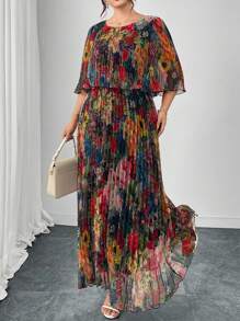 Reflora 大码女士夏装，优雅百褶雪纺连衣裙，透明半袖长裙，飘逸华丽的夏季服装 - 彩色 - 查看 5