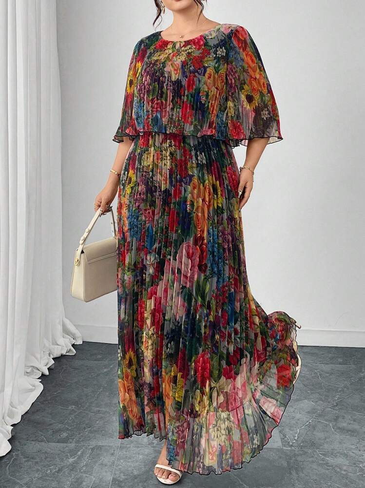 Reflora فستان صيفي للمرأة بمقاسات كبيرة، فستان شيفون أنيق مطوي، فستان طويل شفاف نصف كم، ملابس صيفية رائعة وفضفاضة - متعدد الألوان - مشاهدة 4