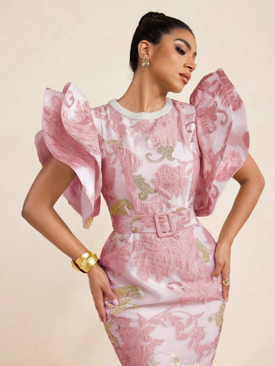 TIYA Elegant Jacquard Faux Pearl Neck Big Flared Sleeve Short Dress With Waist Belt Women Summer Party - Pink - View 1