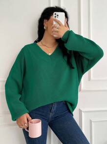 SHEIN Suéter de punto acanalado de talla grande con cuello en V y color liso