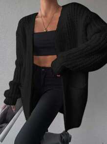 EURMUSE Women's Minimalist Solid Color Loose Cardigan With Dual Pockets - Black - View 6