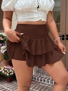 SHEIN EZwear 大码女式巧克力棕色短款 A 字裙，蛋糕风格 - 巧克力棕 - 查看 6
